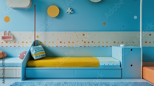 Product beauty , shot by leica i , Close-up , Empty children's room , light blue wall , cartoon wallpaper , multifunctional bed​ photo