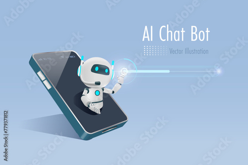 AI chat robot on smart phone touch digital download bar. AI robotics and chatbot innovation technology influence in people lifestyle and worldwide trends. 3D vector.