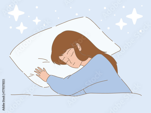 Young woman sleeping on the bed, having good dream. Girl lying under soft blanket. Stars and dot behind. Hand drawn flat cartoon character vector illustration.