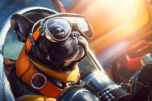 A pug with a pilots hat ready for takeoff on a cute aviator adventure photo