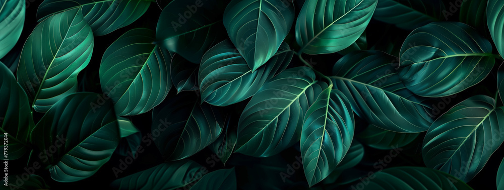 A close up of green leaves with a dark background A close up of green leaves with a dark background