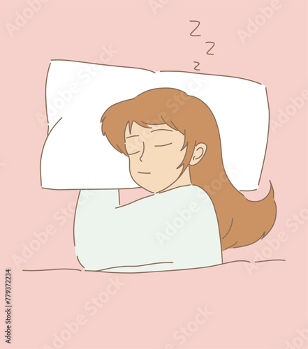 Young woman sleeping on the bed, having good dream. Girl lying under soft blanket. Stars and dot behind. Hand drawn flat cartoon character vector illustration.