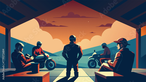 A group of outlaw riders gathering at their secret meeting spot discussing strategy and revving their engines in anticipation of a nighttime