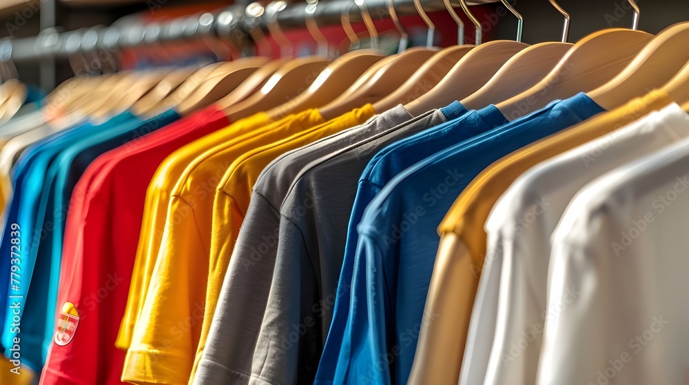 Colourful clothes on clothing rack, pastel colorful closet in shopping store or bedroom. Rainbow color clothes choice on hangers, home wardrobe concept Colourful clothes on clothing rack, pastel colorful closet in shopping store or bedroom. Rainbow color clothes choice on hangers, home wardrobe concept