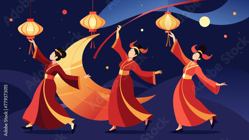 Adorned in traditional silk garments of deep crimson and bright gold a group of performers twirl intricately designed lanterns above their