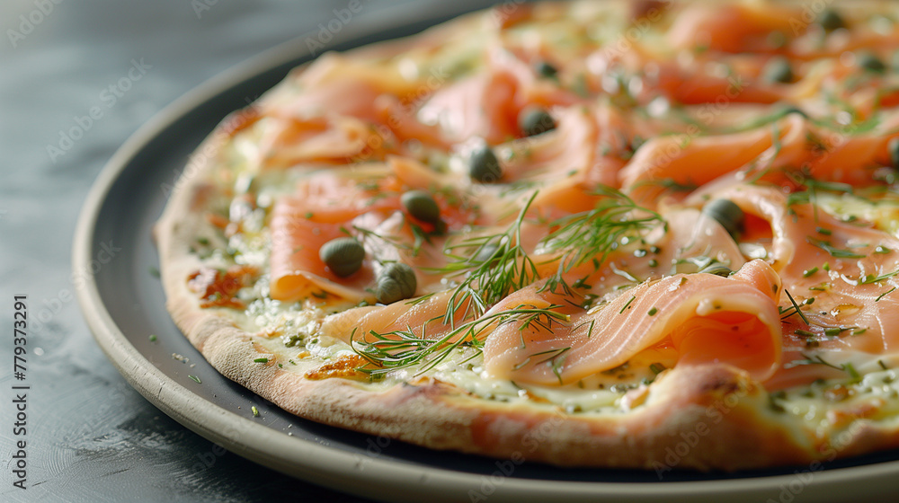 Pizza Bianca with smoked salmon and capers, soft lighting, minimalist, on elegant plate.
Pizza Bianca with smoked salmon and capers, soft lighting, minimalist, on elegant plate.