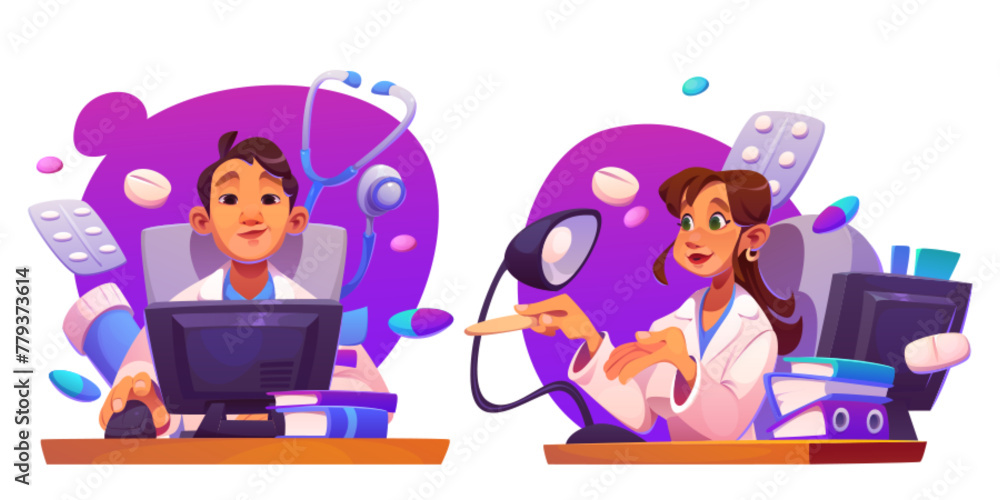 Doctor at work desk with computer. Cartoon vector illustration set of man and woman medical professional character in white clothes sitting at table with pc screen and documents in clinic office. - obrazy, fototapety, plakaty 