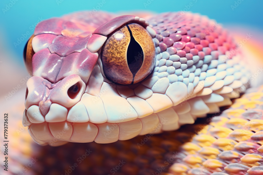 Fototapeta premium A colorful snake with a pink head and yellow eyes