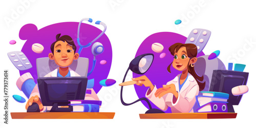 Doctor at work desk with computer. Cartoon vector illustration set of man and woman medical professional character in white clothes sitting at table with pc screen and documents in clinic office.
