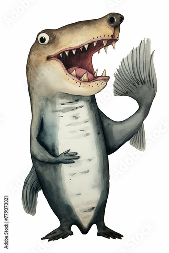 A cartoonish drawing of a fish with a mouth open and a fish tail
