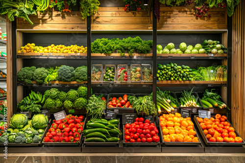 Vegetable farmer market counter: colorful various fresh organic healthy vegetables at grocery store. Generative AI.