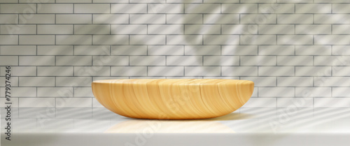 3d wood kitchen table podium for product display. Wooden platform in bathroom studio. Minimal countertop background with stage on shelf. Scandinavian circle cosmetic promotion pedestal template