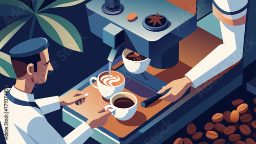 An overhead shot of the espresso machine with the baristas hands working in a blur as they expertly grind the beans tamp down the grounds and