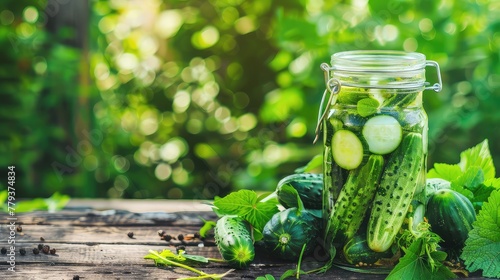 Seasonal homemade products. Canned cucumbers in a jar on a wooden table. A taste of nostalgia, these pickled cucumbers evoke memories of homemade goodness and family traditions.