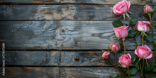 Pink roses on rustic wooden board