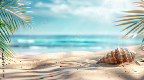 Shell lying on the sand beach on sea background