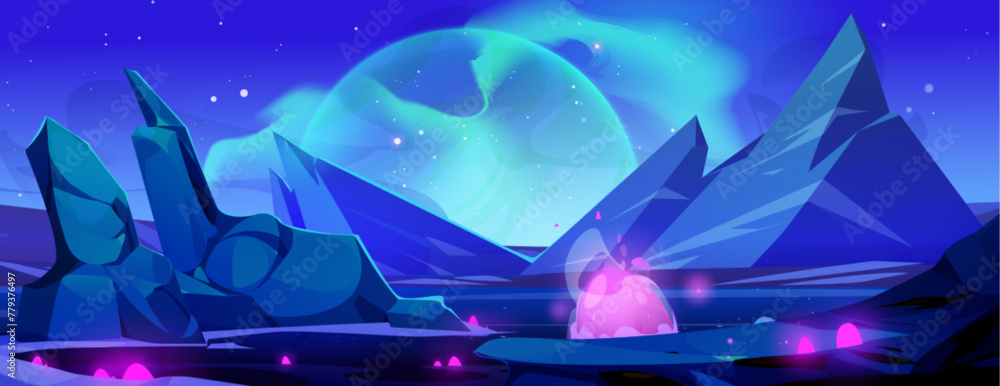 Obraz premium Night alien planet landscape space game background. Fantasy neon galaxy scene with starry sky. Outer cosmic and extraterrestrial wallpaper with mountain and flying sparkle. Blue fantastic universe