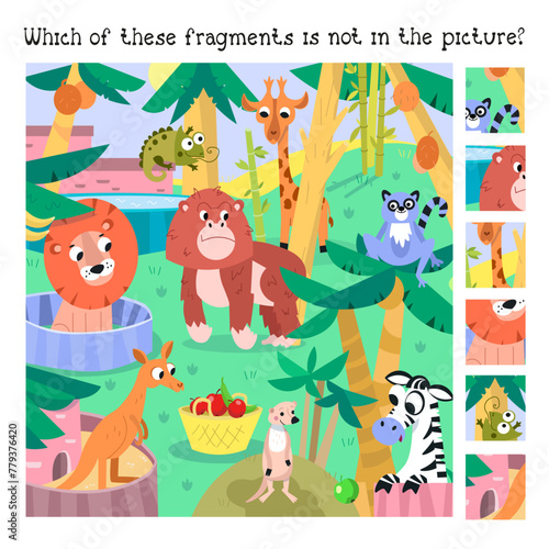 Fototapeta Naklejka Na Ścianę i Meble -  Find hidden fragments. Game for kids. Color scene with animals in zoo. Funny cartoon characters. Vector Illustration for book, design, posters, puzzle, games.