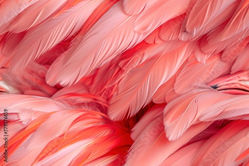 Close-up of vibrant pink flamingo feathers with intricate detail. © Larisa