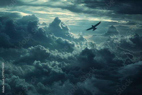 A Lone Bird Soaring Above Stormy Clouds Symbolizing Hope and Resilience.