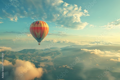 "Colorful hot air balloon ascending into the clear blue sky"