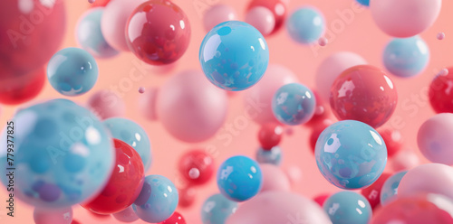 3D rendering of colorful balls flying on a pink background.