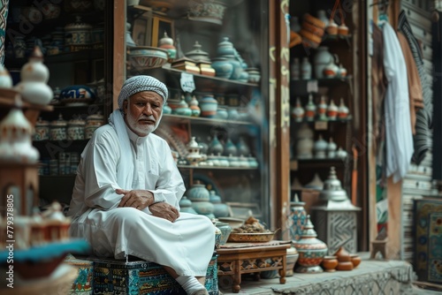 Elderly Man in Traditional Attire by Pottery Store