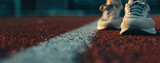 Close-up of running shoes on a track, highlighting the concept of athleticism and determination.
