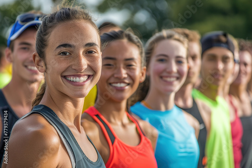 A group of young athletes smiling before a race, showcasing diversity and teamwork.