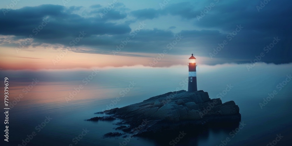 A lighthouse perched on a rocky outcrop in the midst of the ocean