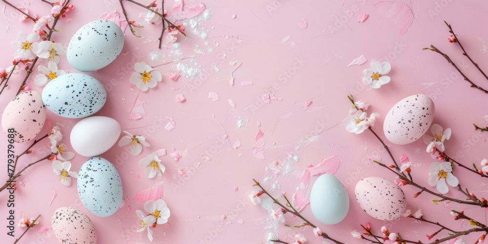 A pink background adorned with elegant white and blue eggs, creating a festive Easter display