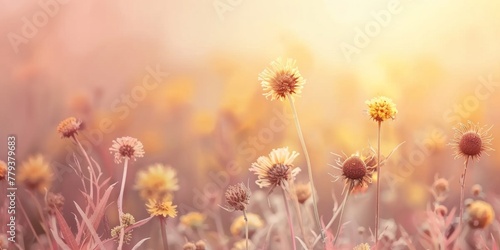 A field covered in yellow and pink flowers blooming beautifully under the sun © tashechka