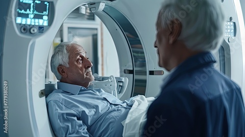 Senior man going into CT scanner. CT scan technologist overlooking patient in Computed Tomography scanner during preparation for procedure  photo
