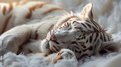 A white tiger in a tranquil sleep, whiskers twitching, nestled on a soft surface in cool tones.
