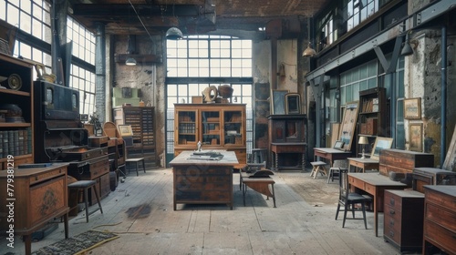 Furniture repair workshop. Old style furniture factory and locksmith workshop. 
