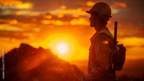 A solemn firefighter in silhouette stands against a vibrant sunset sky, contemplating the horizon. Labor Day concept.