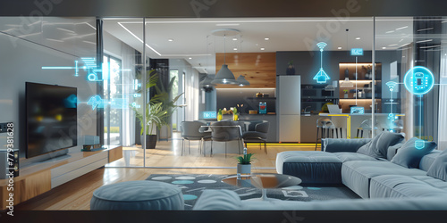 Smart Home Technology Background ,Connected Living The IoT Revolution in Smart Homes,Futuristic Home Interior modern home interior with furniture and holographic smart home controls