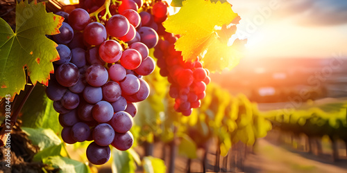 Vineyards at sunset in autumn harvest Ripe grapes scenic beauty on a sunlight background 