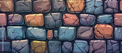 A cartoon illustration of a stone wall showcasing an artistic pattern of cobblestones in various colors such as electric blue. Rocks and metal are used as building materials for the flooring