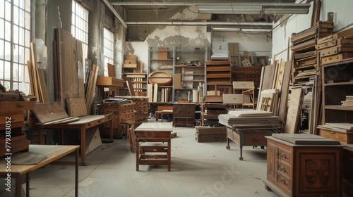 Furniture repair workshop. Old style furniture factory and locksmith workshop. 