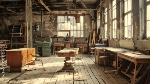 Furniture repair workshop. Old style furniture factory and locksmith workshop.  © Vladimir