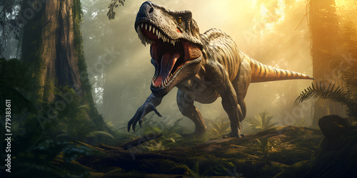 Jurassic world which shows a trex who is feeling threatened Herbivores Dino Research with blurred background
 photo