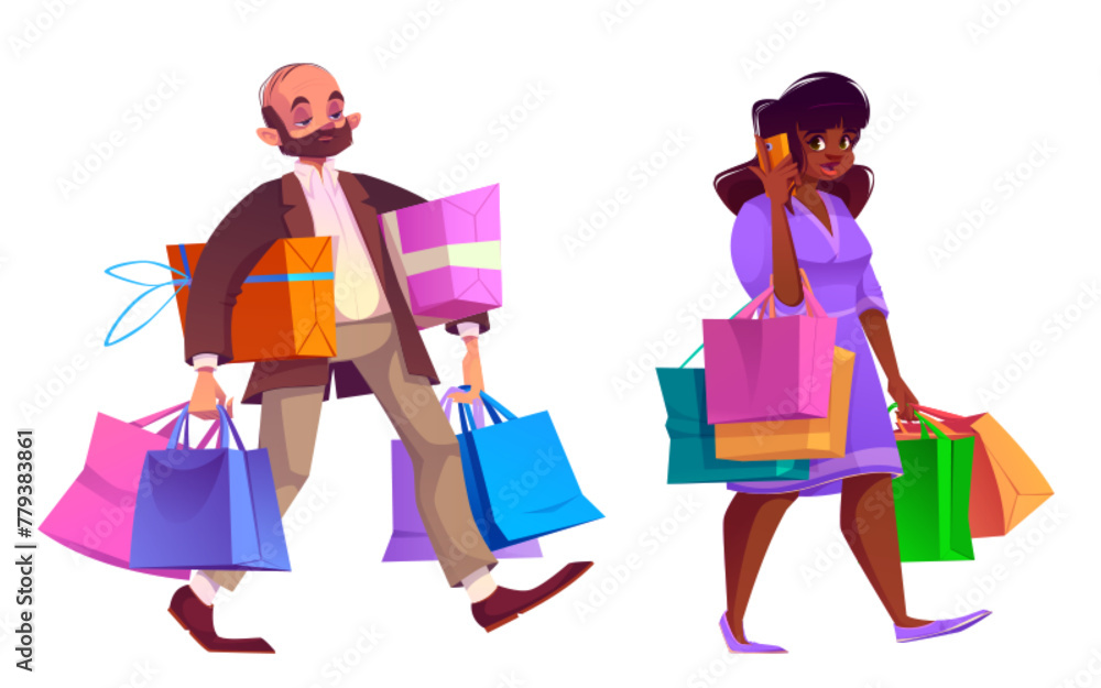 People with shop bag. Woman and man mall customer. Lady purchase gift in store with discount isolated vector set. Guy shopper carry goods. Joy female adult hold phone and present in market cartoon - obrazy, fototapety, plakaty 