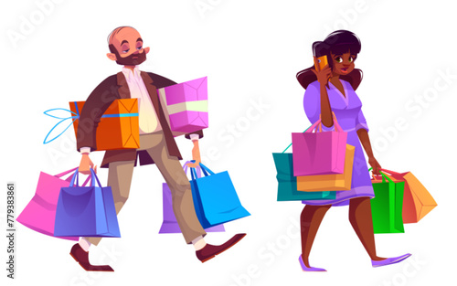 People with shop bag. Woman and man mall customer. Lady purchase gift in store with discount isolated vector set. Guy shopper carry goods. Joy female adult hold phone and present in market cartoon © klyaksun