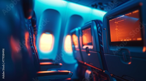 Blue cabin lights on airplane seats