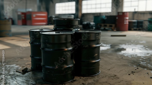 Warehouse of barrels with fuel and lubricants. A barrel labeled with the specific type of fuel it contains, highlighting the importance of proper identification and handling.