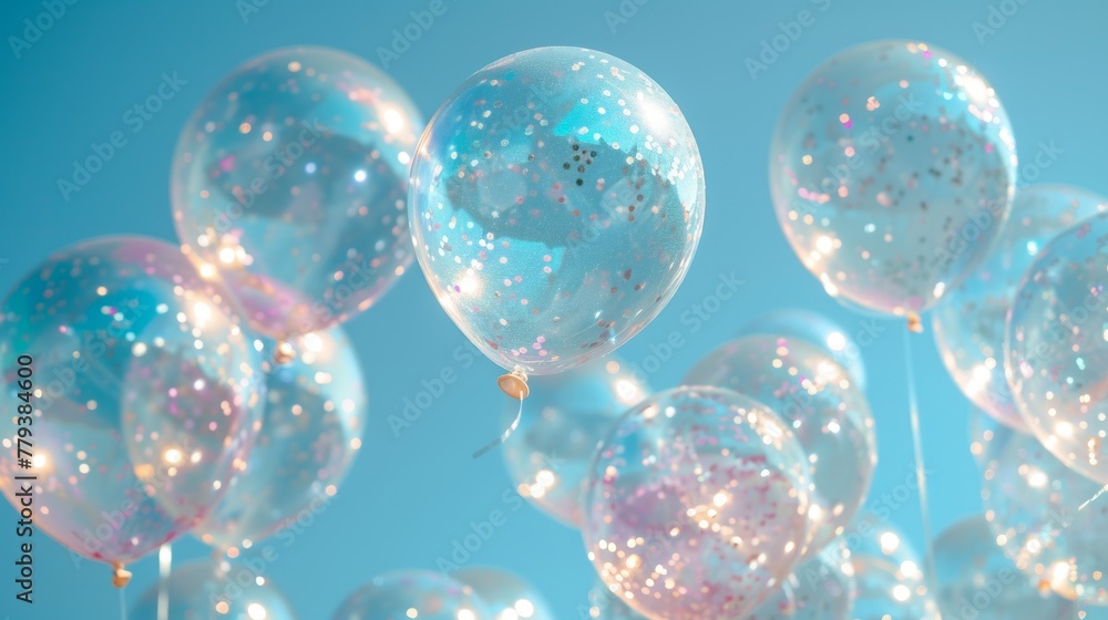 Transparent balloons with sparkles on a light blue sky Transparent balloons with sparkles on a light blue sky