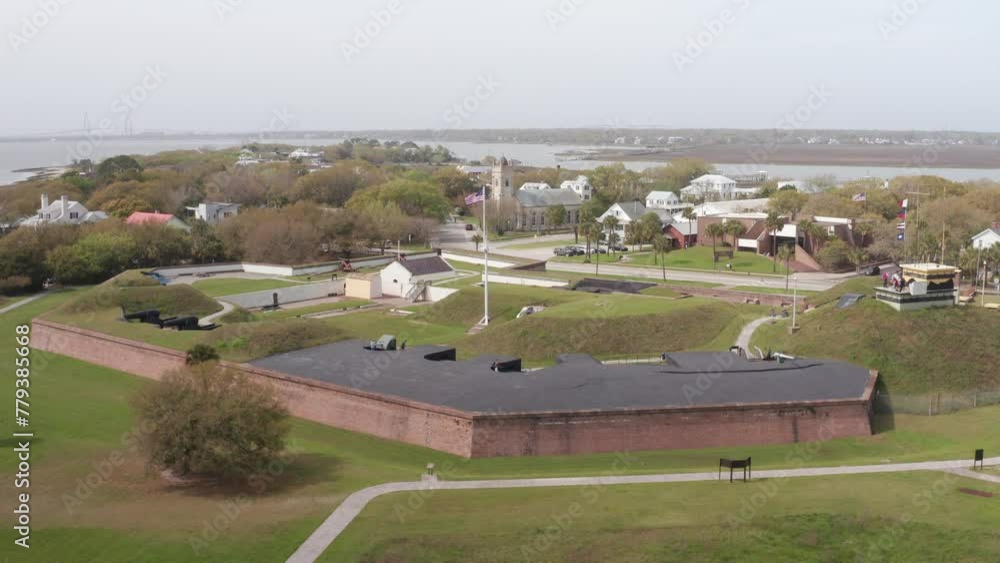 Aerial panning close-up shot of historic Fort Moultrie on Sullivan's Island, South Carolina. 4K Aerial panning close-up shot of historic Fort Moultrie on Sullivan's Island, South Carolina. 4K