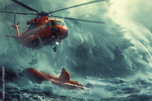 Water rescue operation. A rescue helicopter flies up to a boat with people during a storm. Against the backdrop of dark clouds, a rescue chopper ascends, its mission to reach the distressed boat.