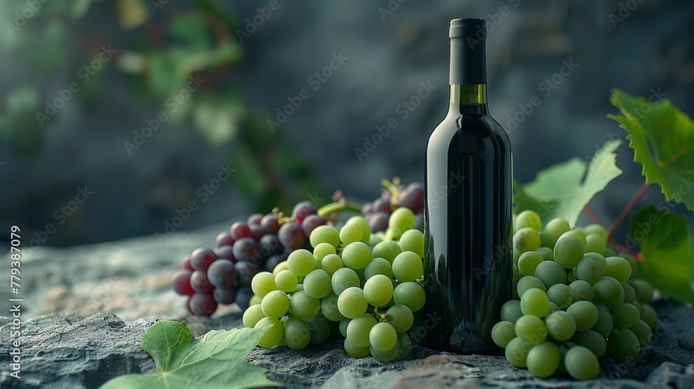 Wine bottle and grapes on textured backdrop